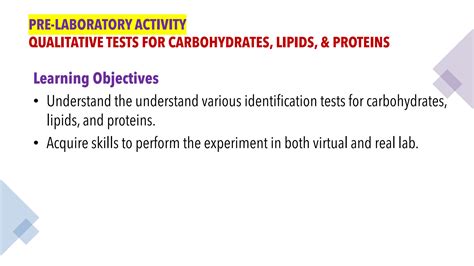 Solution Pre Lab 4 Qualitative Tests For Carbohydrates Lipids And