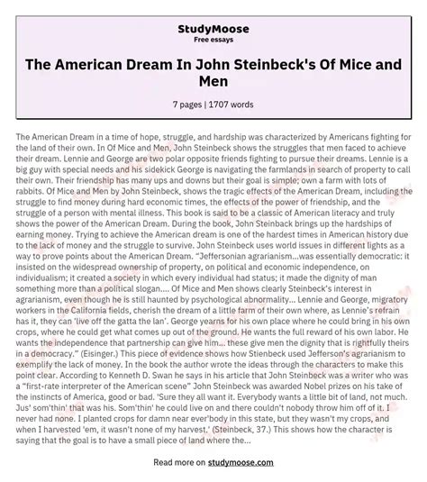 The American Dream In John Steinbeck S Of Mice And Men Free Essay Example