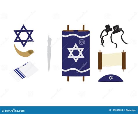 set  jewish symbols torah scroll star  david tefillin kipah