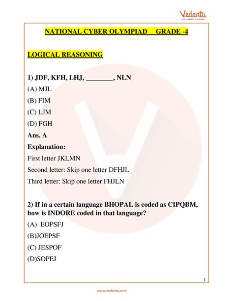 Nco Olympiad Sample Paper 1 For Class 4 With Solutions National Cyber