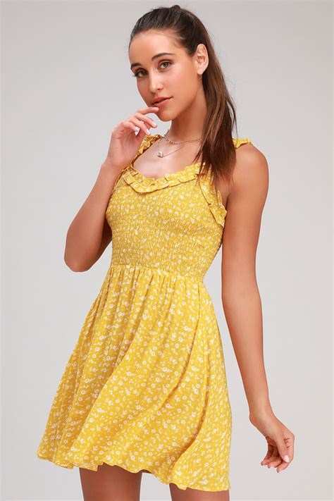 Golden Yellow Floral Dress Smocked Dress Floral Print Dress Lulus