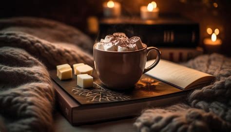 Premium AI Image Cozy Bedroom With Hot Chocolate And Book Generated By AI