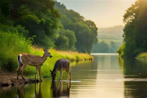 two deer drinking water from a river in the forest. AI-Generated 32258694 Stock Photo at Vecteezy