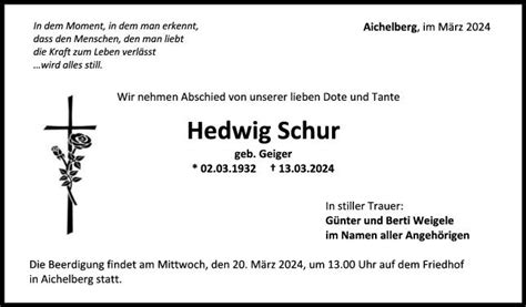 Trauer Hedwig Schur 16 03 2024 Teckbote Trauerportal