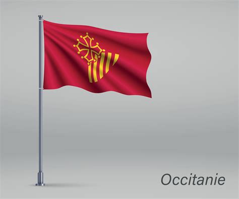 Waving flag of Occitanie - region of France on flagpole. Templat ...