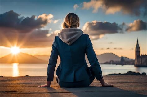 Una Mujer Se Sienta En Un Muelle Mirando La Puesta De Sol Foto Premium