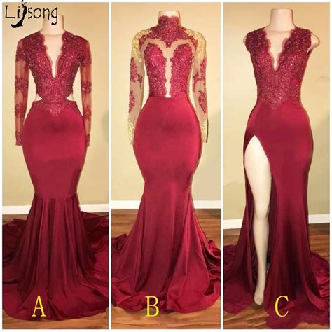 Burgundy Gold Lace Appliques Sequin Mermaid Prom Dress 3 Types Hollow