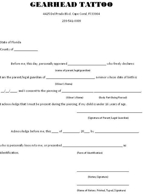 Consent Form For Piercing Florida