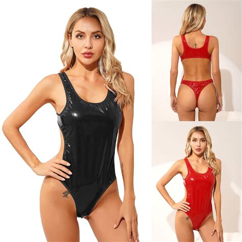 Womens Backless Leather Bodysuit Shiny Wet Look High Cut Thong Swimsuit