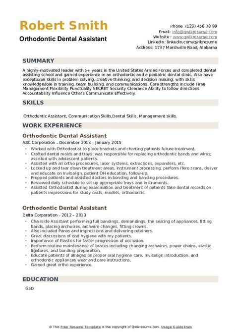 Orthodontic Dental Assistant Resume Samples Qwikresume