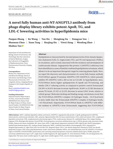 Pdf A Novel Fully Human Anti Nt Angptl3 Antibody From Phage Display Library Exhibits Potent