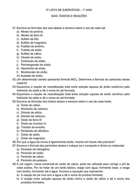 3ª lista de exercícios 1º ano PDF Download Gratuito