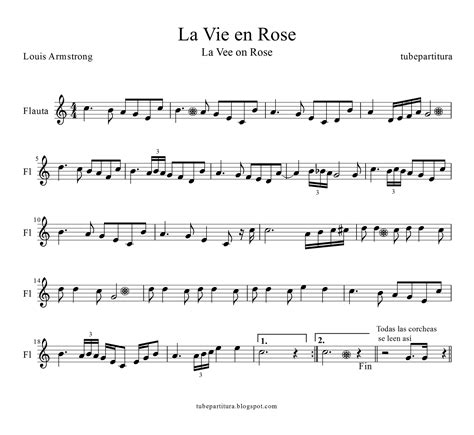 Tubescore Sheet Music La Vie En Rose Flute By Edith Piaf Life In Pink Flute Score