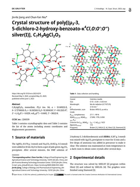 Pdf Crystal Structure Of Poly μ 3 3 5 Dichloro 2 Hydroxy Benzoato κ 4 Cl O O ′ O