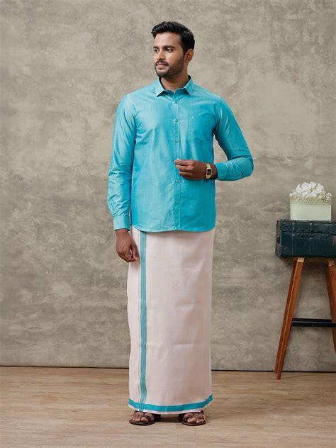 men cotton blend aqua blue shirt  tissue dhoti set vb