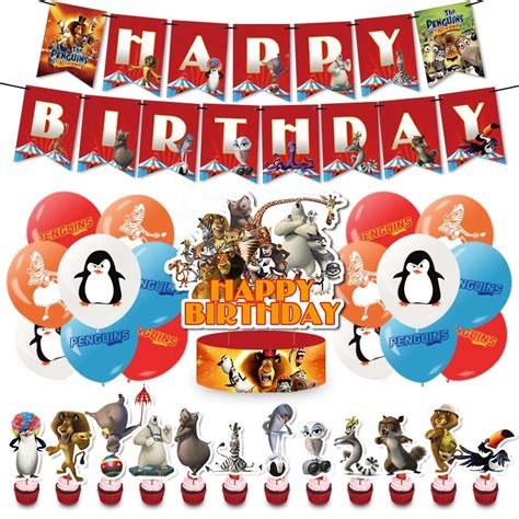 Madagascar Birthday Theme Set Hbd Banner Big Cake Topper Cupcake