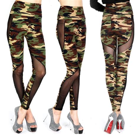 Women Sexy Mesh Camouflage Leggings High Waist Patchwork Stretchy Slim Army Camo Leggings Female