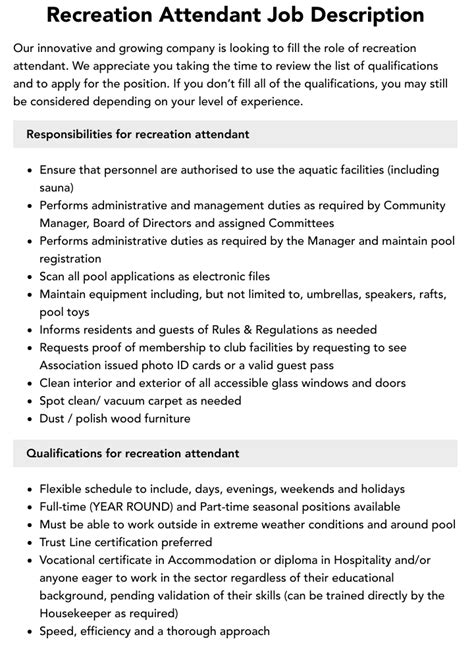 Recreation Attendant Job Description Velvet Jobs