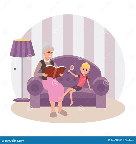 Grandmother Reading A Book Grandson Vector Flat Illustration Stock Vector Illustration Of