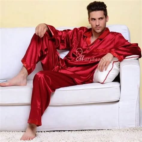 Mens Silk Satin Pajamas Set Pajams Pyjamas Long Set PJS Sleepwear Loungewear S~4XL Plus Stripped ...