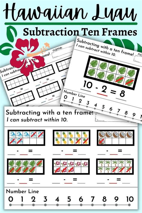 Hawaiian Luau Math Center Subtraction With A Ten Frame And Number Line Hawaiian Luau Number