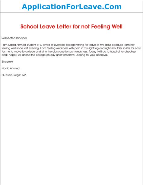 School Leave Application For Not Feeling Well