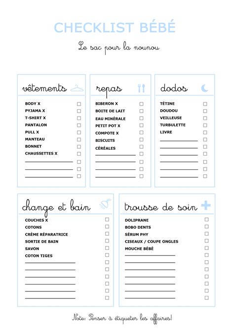 Organisation bébé baby planning nounou sac fiche checklist bébé à