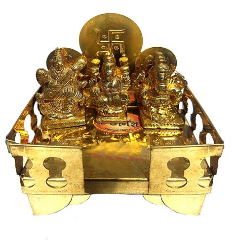 Brass Home Temple Singhasan Lord Ganesh Goddess Laxmi Sarasvati