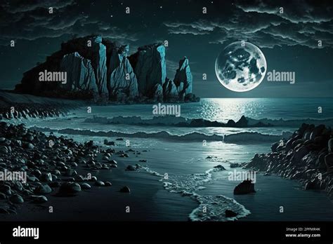 Beautiful sea landscape with full moon background. Dark beach natural ...