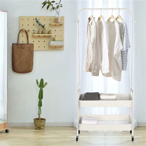 2 In 1 Garment Clothes Rack With 2 Tier Storage Basket And Side Hanging