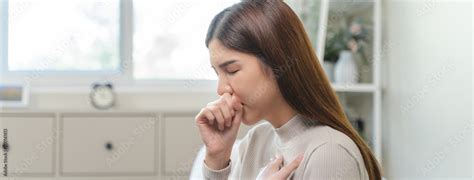 Female Unhealthy Sickness Asian Young Woman Girl Unwell And Coughing