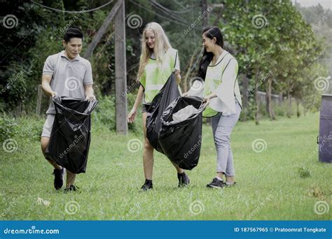 Group Of Volunteer Collecting Trash Garbage Holding Garbage Bag Clean