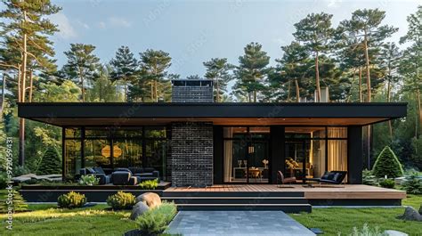 Exterior of a one-story modern elite country cottage, texture of wooden boards, flat black roof ...