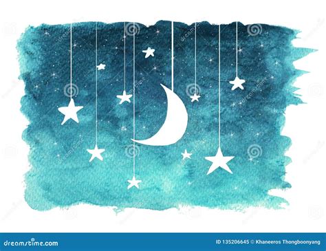 The Moon And Stars Hanging From Strings Painted In Watercolor Stock