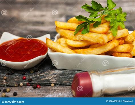 Bowl Of French Fries With Tomato Sauce Stock Image Image Of