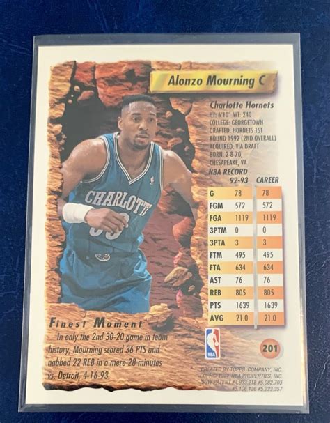 Alonzo Mourning 1993 94 Topps Finest NBA Card 201 Charlotte Hornets