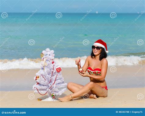 Girl Santa In Bikini On A Beach Fir Tree Stock Photo Image Of Gift