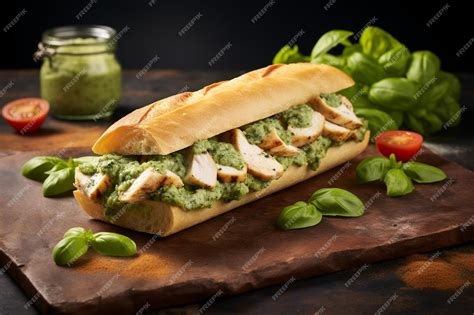 Premium Photo Tangy Pesto Chicken Baguette