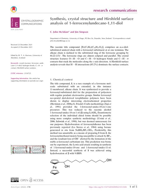 PDF Synthesis Crystal Structure And Hirshfeld Surface Analysis Of 1