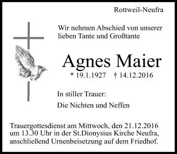 Traueranzeigen von Agnes Maier Schwarzwälder Bote Trauer