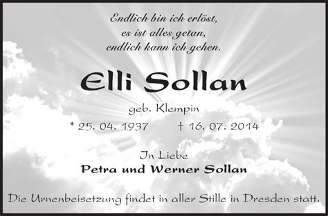 Traueranzeigen von Elli Sollan Märkische Onlinezeitung Trauerportal