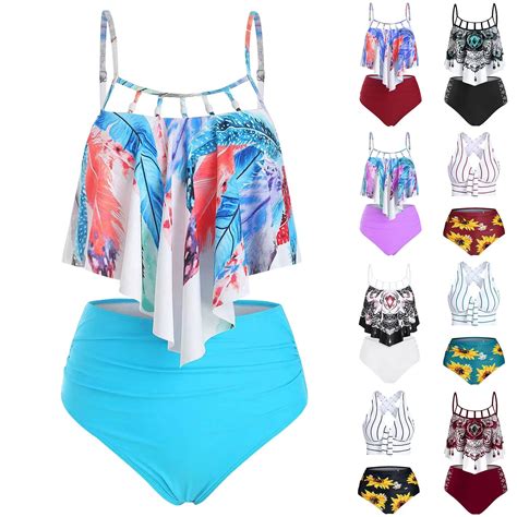 Sexy Womens Ruffle Hollowed Tankini Bikini Set Swimsuit Two Pieces U Neck Bikini Swimwear