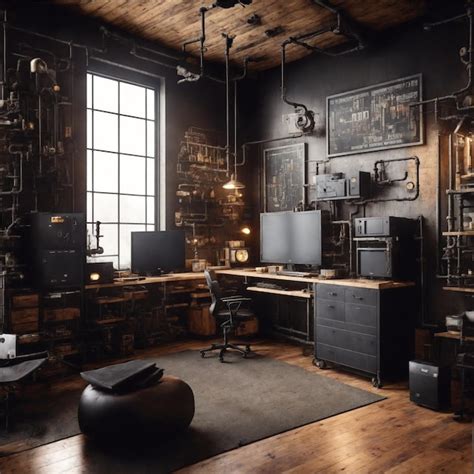 Premium Ai Image An Industrialstyle Gaming Room With A Large Pc