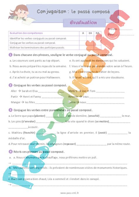 Le Pass Compos Valuation De Conjugaison Pour Le Cm Pdf Imprimer