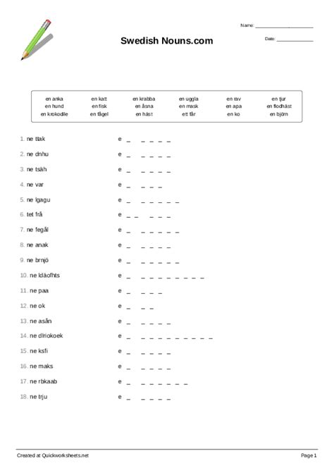 Swedish Nouns.com - Word Scramble - Quickworksheets