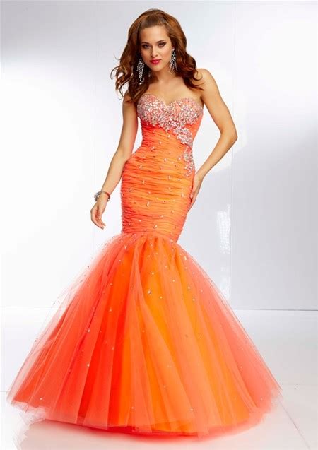 Fitted Mermaid Sweetheart Long Bright Orange Tulle Beaded Prom Dress