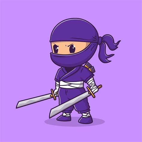 Lindo Ninja Sosteniendo Espada Dibujos Animados Vector Icono