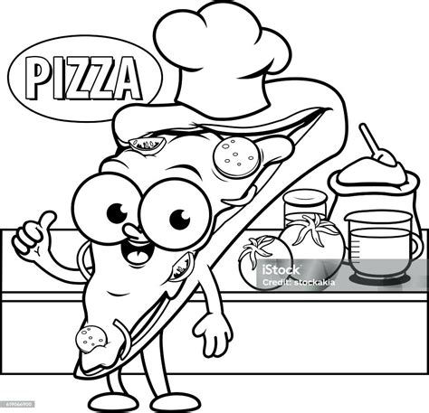 Koki Pizza Kartun Di Halaman Mewarnai Dapur Ilustrasi Stok Unduh