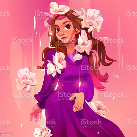 Cartoon Girl With Brown Hair In Long Purple Dress Stock Illustration Download Image Now