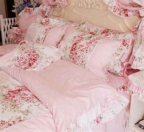 Fadfay Beautiful Rose Floral Print Pillowcases Korean Lace Ruffle